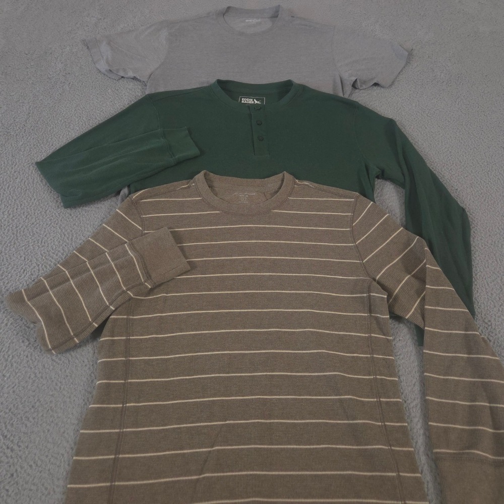 LOT OF 3 Eddie Bauer Shirt Mens L Multi Striped Henley Waffle Knit Thermal Crew